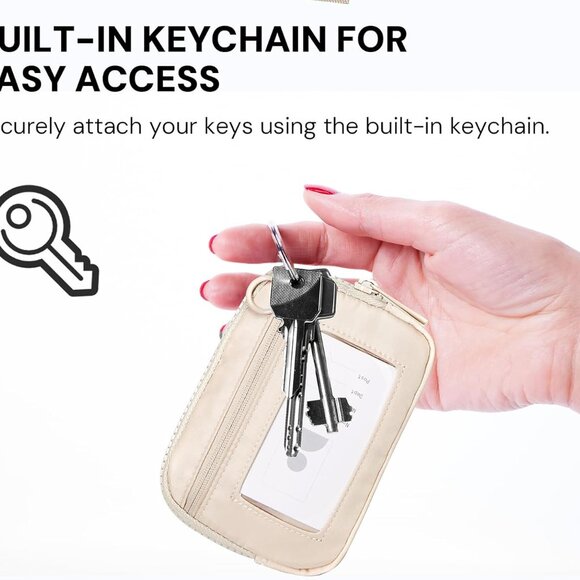 Beige Mini Zip Card Case for Women with Clear ID Window, Coin Purse, Lightweight - Picture 6 of 8